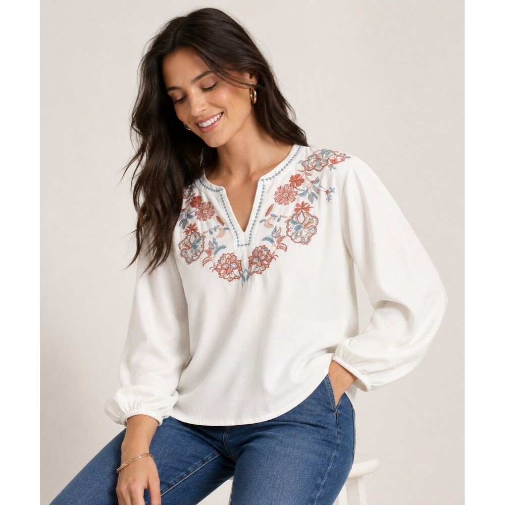 Chicos Size 3 XL 16 Embroidered Floral Tunic Blouse White Peasant Boho Festival